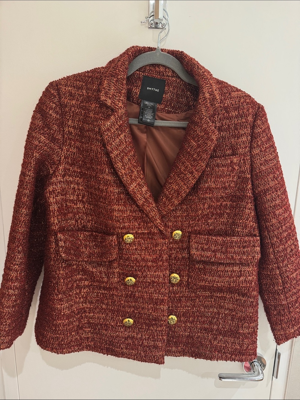 Women's Rust Tweed Double-Breasted Metallic Blazer